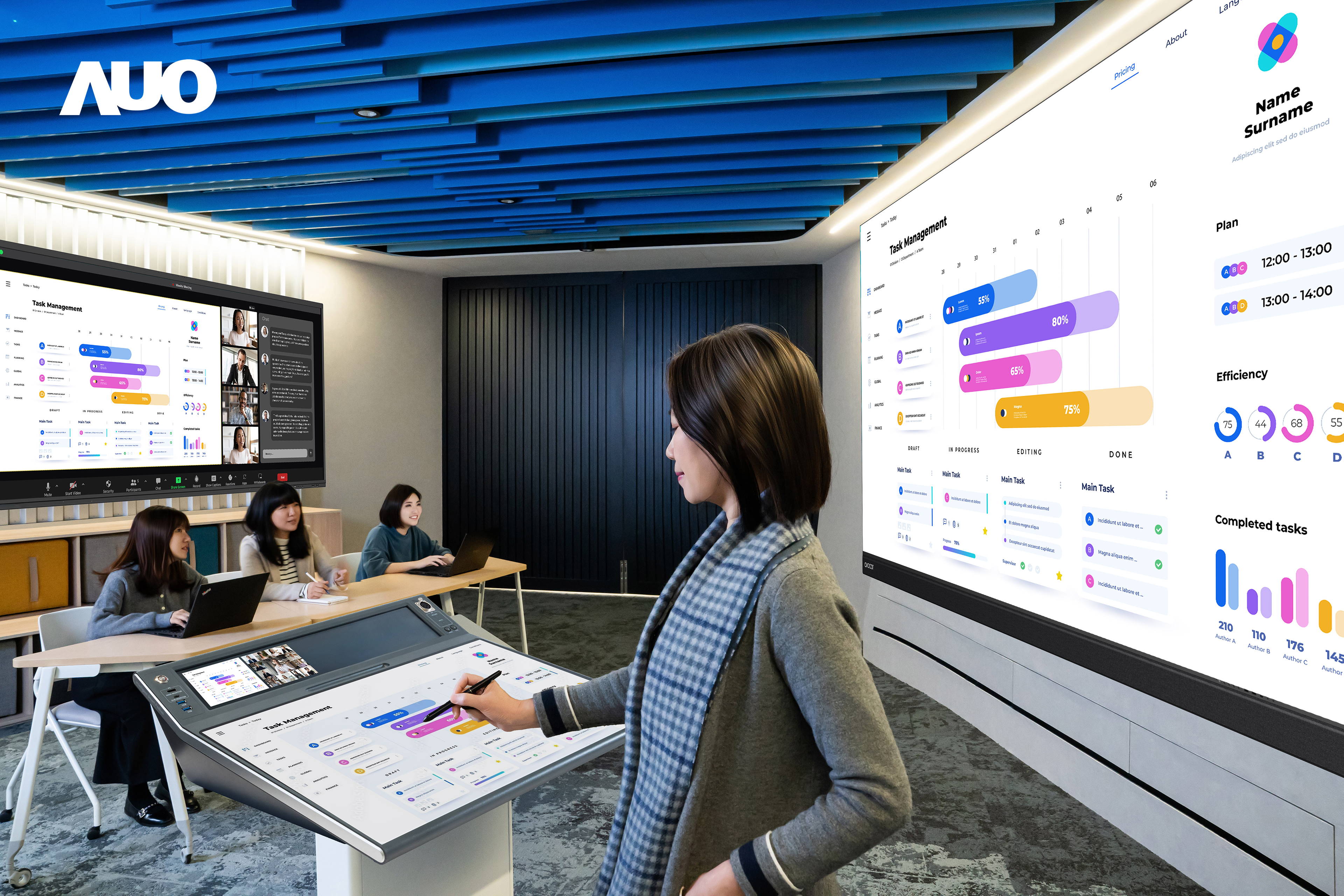 达擎携手Avocor与Rise Vision展示全方位商务领域应用，包含采用模块化设计的138吋一体式All-in-One LED显示器及具21:9超宽比例的92吋交互式电子白板（IFPD），讲者可轻松分享内容，有效提升会议协作效率。